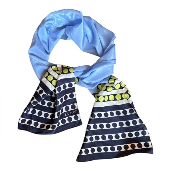 Vintage Echo Silk Scarf Light Blue, Lime Green, Navy Blue & White Rectangular - Picture 8 of 8